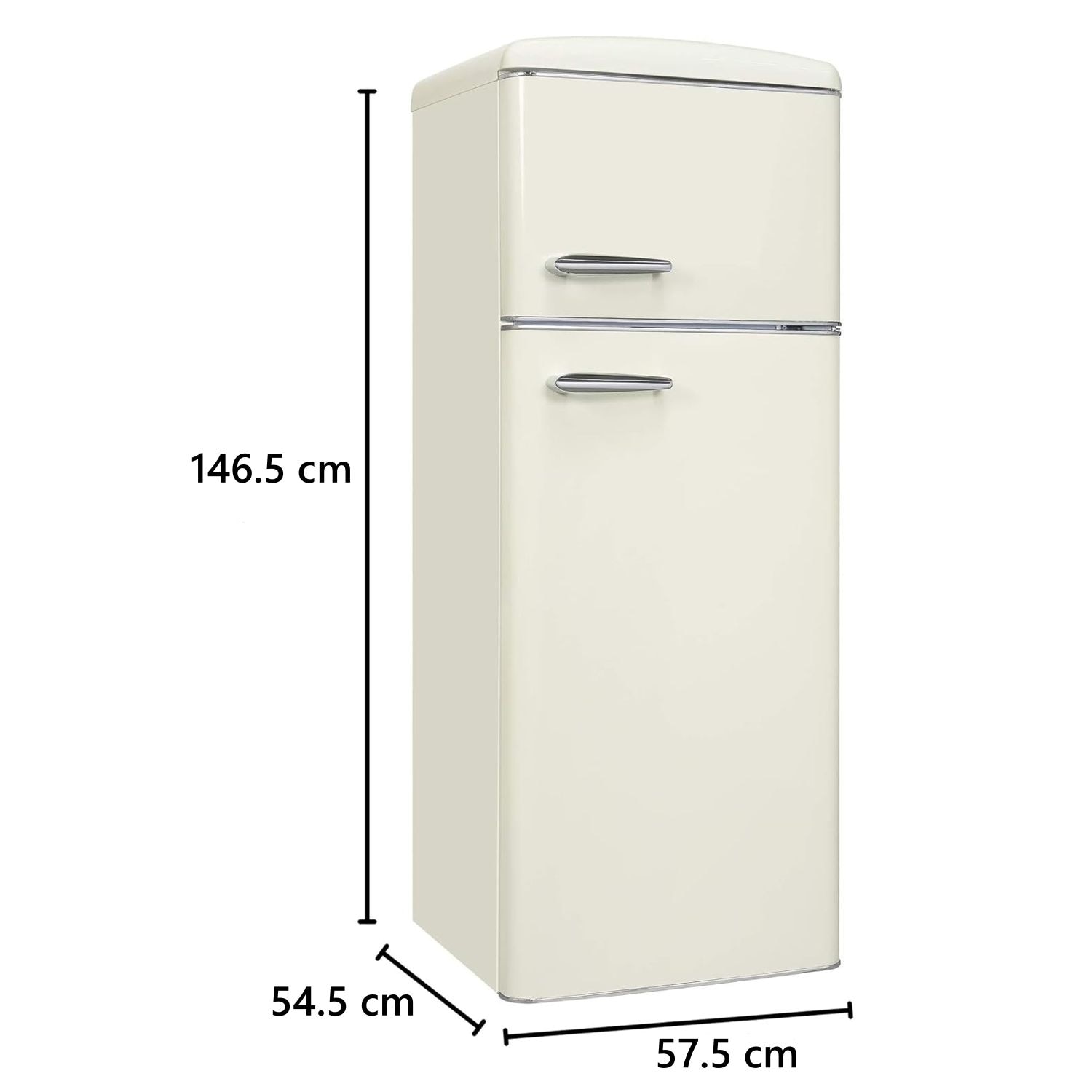 Frigider retro Exquisit, capacitate totala 206 litri, H 146.5 cm, congelator 4 stele, compartiment pentru fructe/legume, 4 rafturi din sticla, iluminat interior LED, control mecanic de temperatura, dezghetare manuala, picioare ajustabile, crem