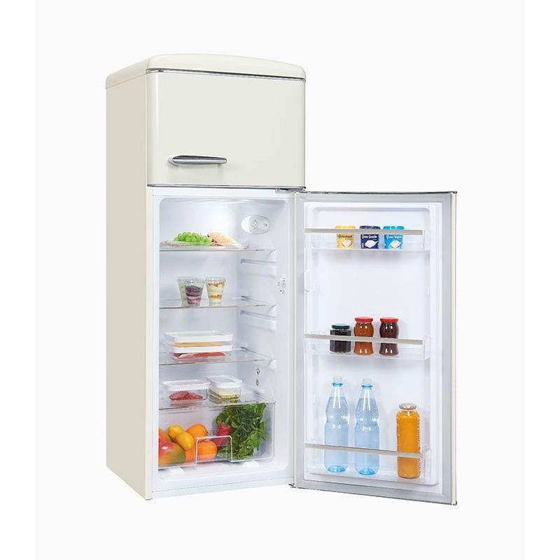 Frigider retro Exquisit, capacitate totala 206 litri, H 146.5 cm, congelator 4 stele, compartiment pentru fructe/legume, 4 rafturi din sticla, iluminat interior LED, control mecanic de temperatura, dezghetare manuala, picioare ajustabile, crem