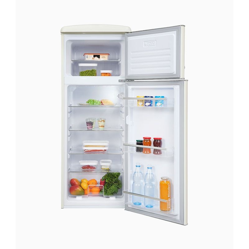 Frigider retro Exquisit, capacitate totala 206 litri, H 146.5 cm, congelator 4 stele, compartiment pentru fructe/legume, 4 rafturi din sticla, iluminat interior LED, control mecanic de temperatura, dezghetare manuala, picioare ajustabile, crem