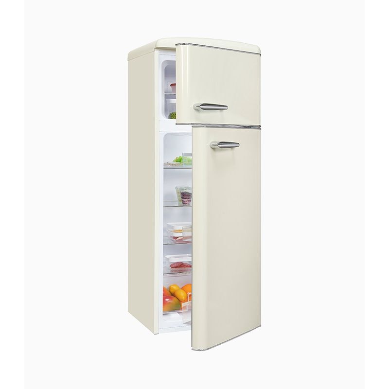Frigider retro Exquisit, capacitate totala 206 litri, H 146.5 cm, congelator 4 stele, compartiment pentru fructe/legume, 4 rafturi din sticla, iluminat interior LED, control mecanic de temperatura, dezghetare manuala, picioare ajustabile, crem