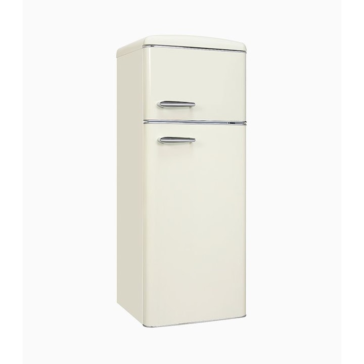 Frigider retro Exquisit, capacitate totala 206 litri, H 146.5 cm, congelator 4 stele, compartiment pentru fructe/legume, 4 rafturi din sticla, iluminat interior LED, control mecanic de temperatura, dezghetare manuala, picioare ajustabile, crem