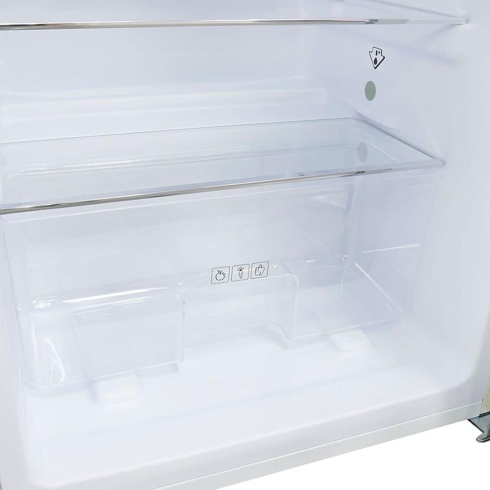 Frigider retro Exquisit, capacitate totala 206 litri, H 146.5 cm, congelator 4 stele, compartiment pentru fructe/legume, 4 rafturi din sticla, iluminat interior LED, control mecanic de temperatura, dezghetare manuala, picioare ajustabile, crem