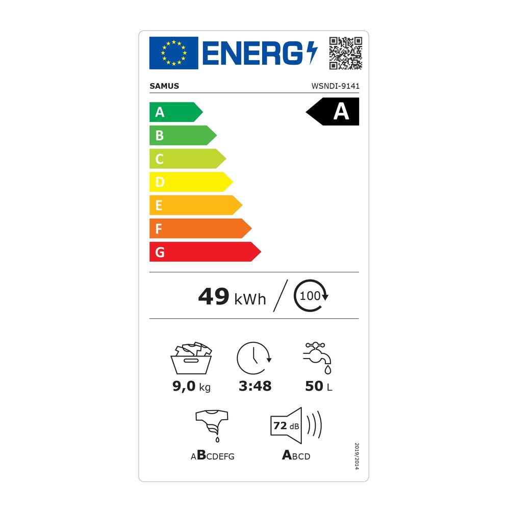 Masina de spalat rufe Samus WSNDI-9141,9 Kg, Motor Inverter, 15 Programe, 1400 Rotatii, Clasa A, Blocare acces copii, Alb