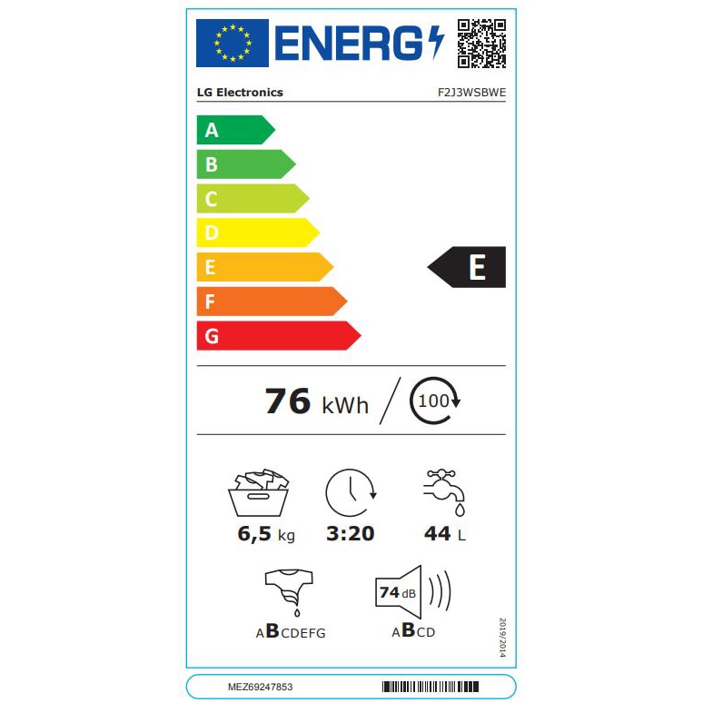 Masina de spalat rufe LG F2J3WSBWE, 6,5 kg, max. 1200 rpm, Masina de spalat cu abur, Design ingust, Clasa energetica E, Alb