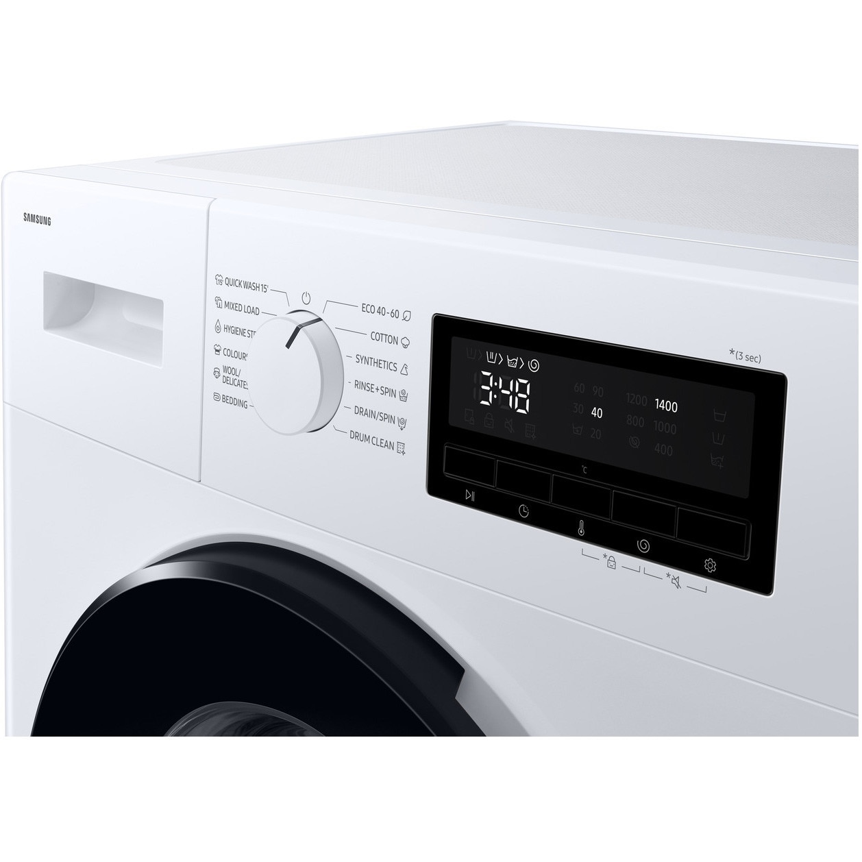 Masina de spalat rufe Samsung WW90FG3M05AWLF, 9 kg, Slim, 1400 RPM, Clasa A, Hygiene Steam, Drum Clean, Afisaj LED, Siguranta copii, Alb