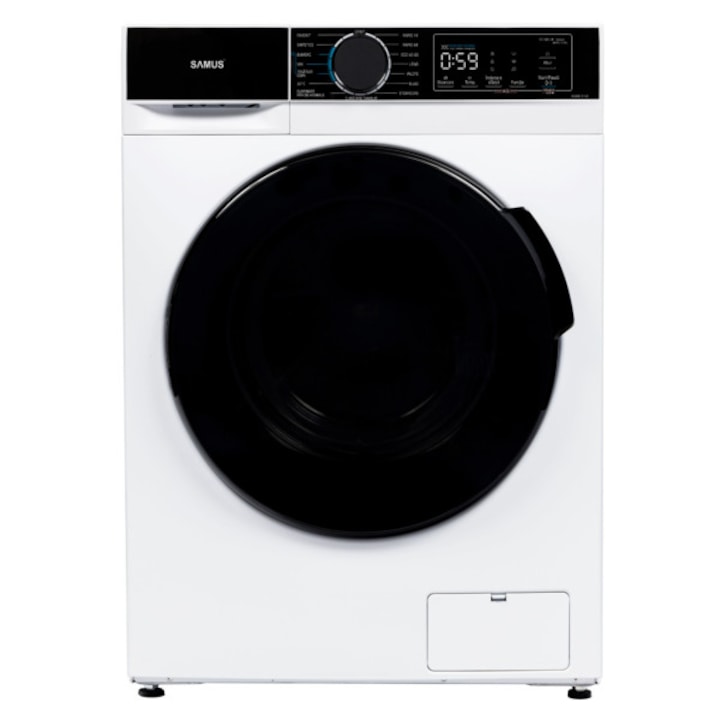 Masina de spalat rufe Samus WSADI-12143, 12 kg, 15 programe, Motor inverter, 1400 rotatii, Clasa energetica A, Afisaj electronic, Programe speciale: Abur, Blugi, Pilote, Eliminare par de animale, Tesaturi copii, Alb