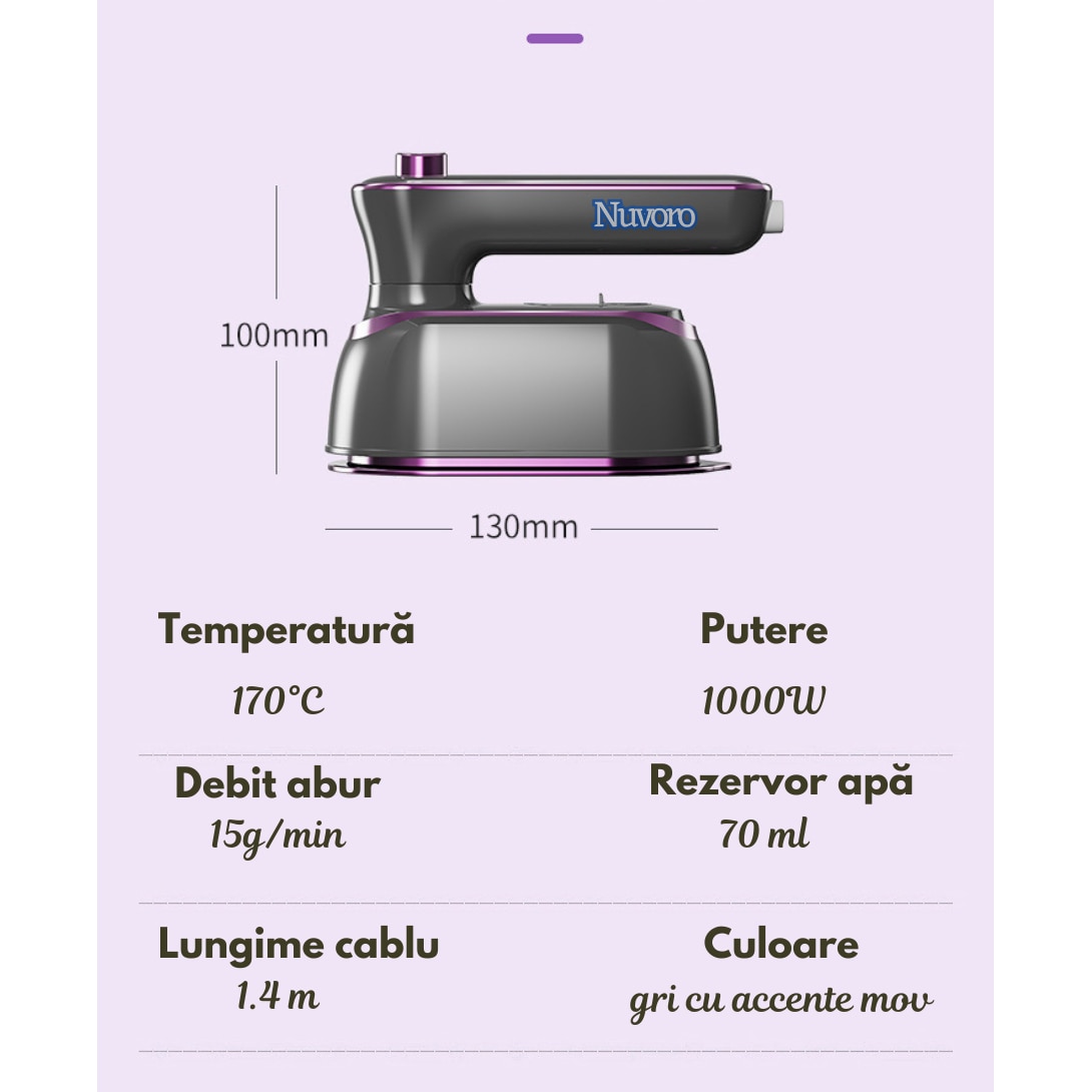 Fier de calcat Nuvoro CY-601, portabil, cu abur, 1000W, maner pliabil, compact, ideal pentru calatorii, Gri