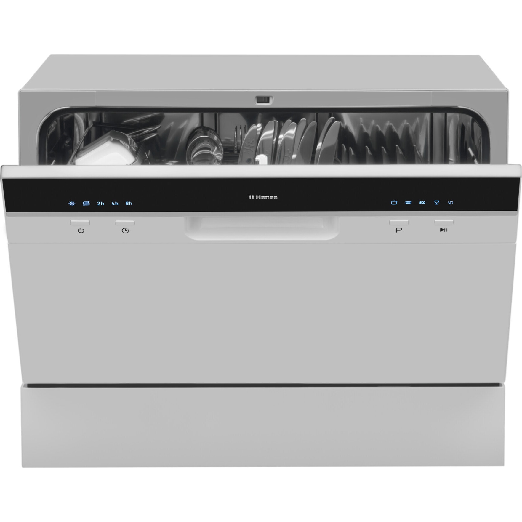 Masina de spalat vase compacta Hansa ZWM556SH, 6 seturi, 5 programe, Clasa F, Pornire programabila, Buzzer, 55 cm, Argintiu