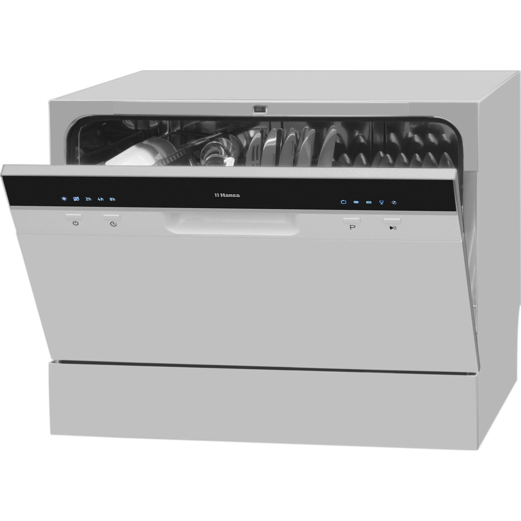 Masina de spalat vase compacta Hansa ZWM556SH, 6 seturi, 5 programe, Clasa F, Pornire programabila, Buzzer, 55 cm, Argintiu