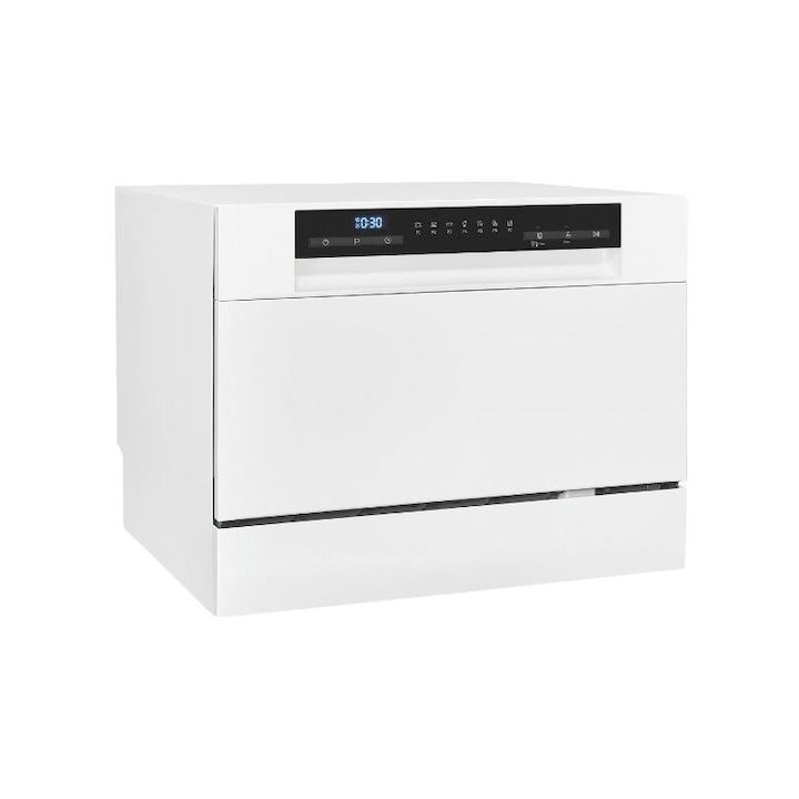 Mini masina de spalat vase Exquisit, ideala pentru spatii mici, capacitate 6 seturi, 7 programe, functie autocuratare, pornire intarziata 24 h, deschidere automata, afisaj digital timp ramas, Child Lock, design compact, alb