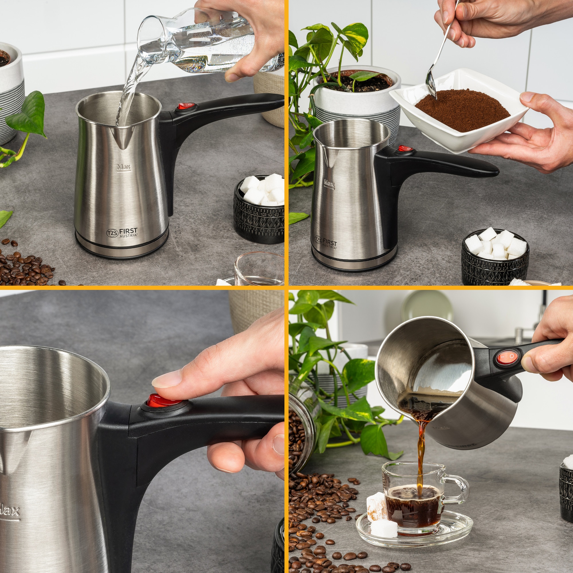 TZS First Austria Aparat electric de cafea turcească - 0,4 litri, 800 W, Aparat mokka, Aparat espresso, Fierbător apă