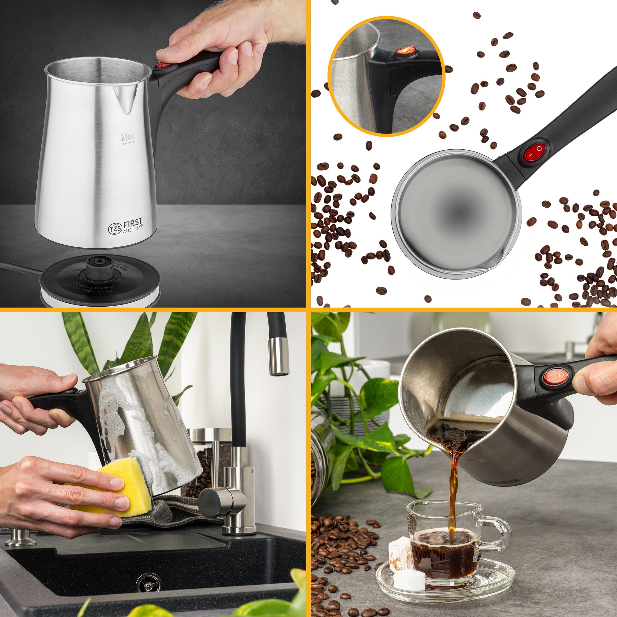 TZS First Austria Aparat electric de cafea turcească - 0,4 litri, 800 W, Aparat mokka, Aparat espresso, Fierbător apă