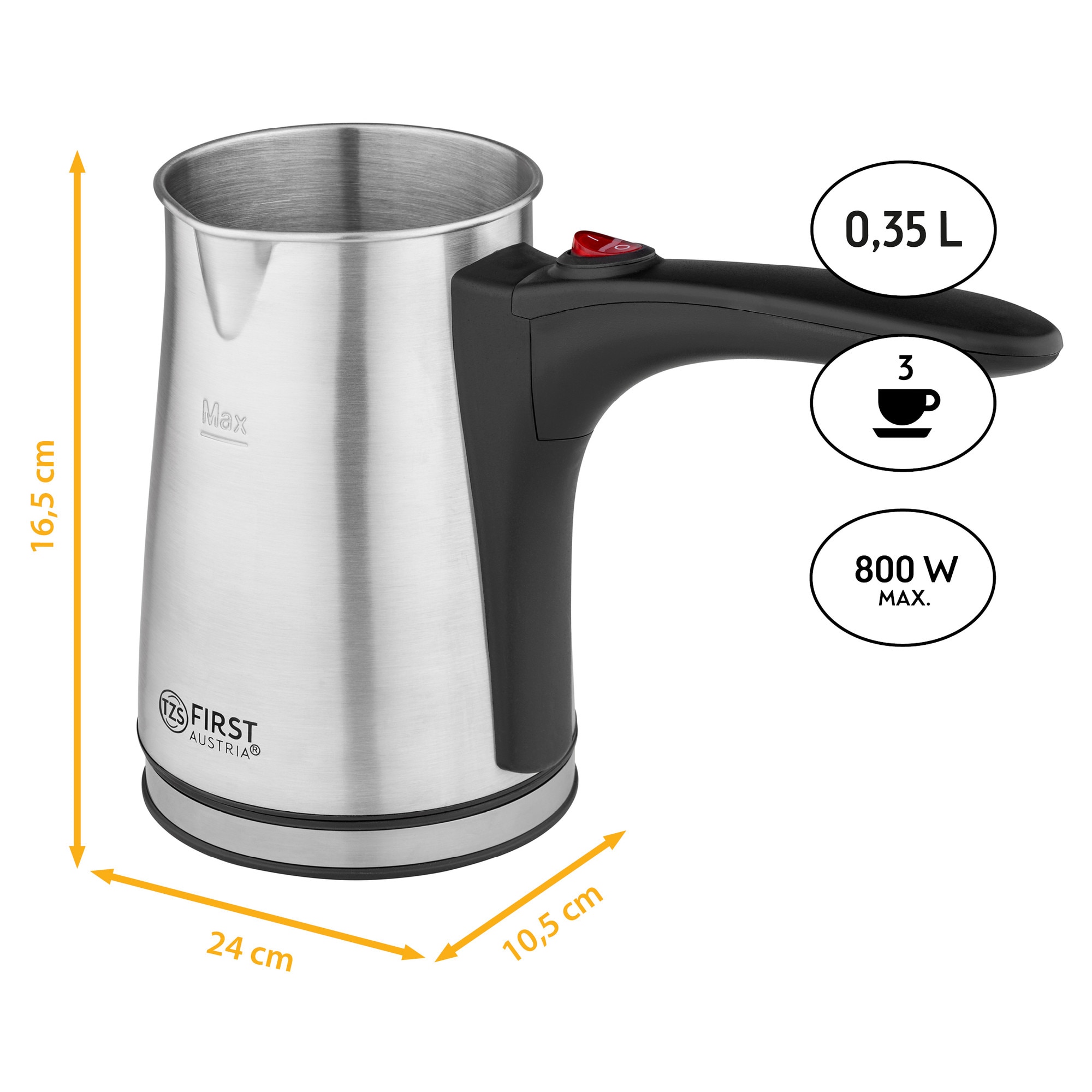 TZS First Austria Aparat electric de cafea turcească - 0,4 litri, 800 W, Aparat mokka, Aparat espresso, Fierbător apă
