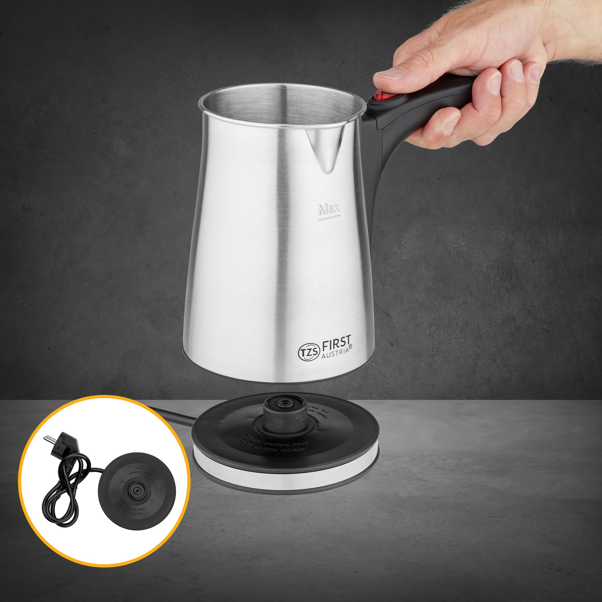 TZS First Austria Aparat electric de cafea turcească - 0,4 litri, 800 W, Aparat mokka, Aparat espresso, Fierbător apă