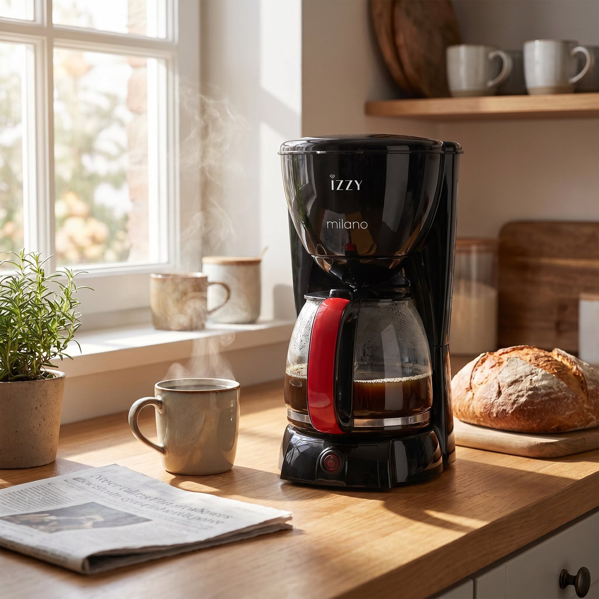 Filtru de cafea Milano, Izzy, tehnologie aroma control, 1.5 L, 1000 W, negru/rosu