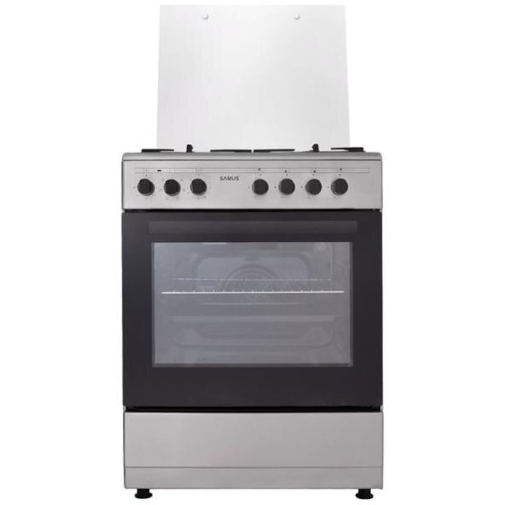 Aragaz mixt Samus SM662AENS INOX, Gaz, 4 Arzatoare, Arzator Wok, Cuptor electric, 56 L, 59.8 cm, Inox