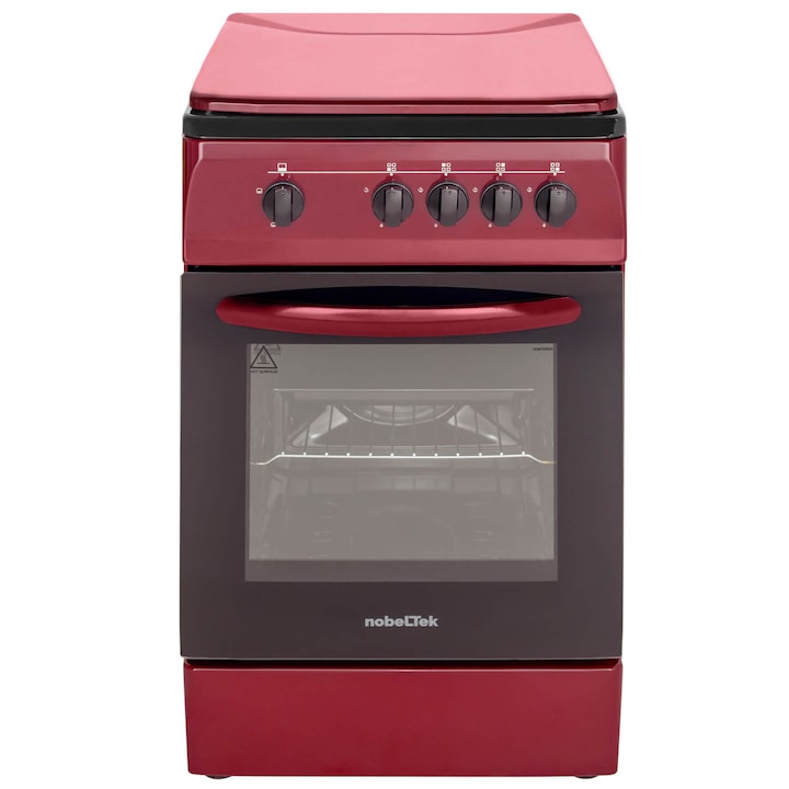 Aragaz NobelTek NLT 1065BD/G1, Gaz, 4 arzatoare, Dispozitiv siguranta plita si cuptor, 50 x 60 cm, Rosu Bordeaux