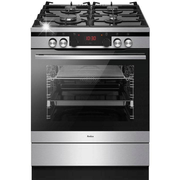 Aragaz gaz-electric, Amica, 77l, 11 functii, inox, 60cm, negru