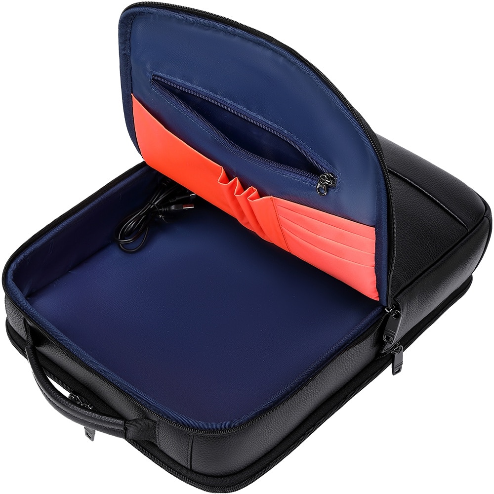 Rucsac smart pentru barbati, compartiment separat pentru laptop 15.6 inch, cu port USB TYPE-C, din piele originala este rezistent la apa, cu fixare de valiza JOLAR. GP02371BK Negru