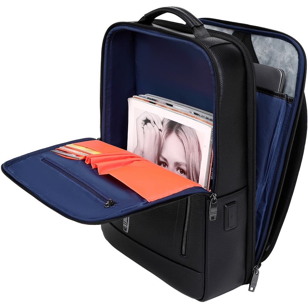 Rucsac smart pentru barbati, compartiment separat pentru laptop 15.6 inch, cu port USB TYPE-C, din piele originala este rezistent la apa, cu fixare de valiza JOLAR. GP02371BK Negru