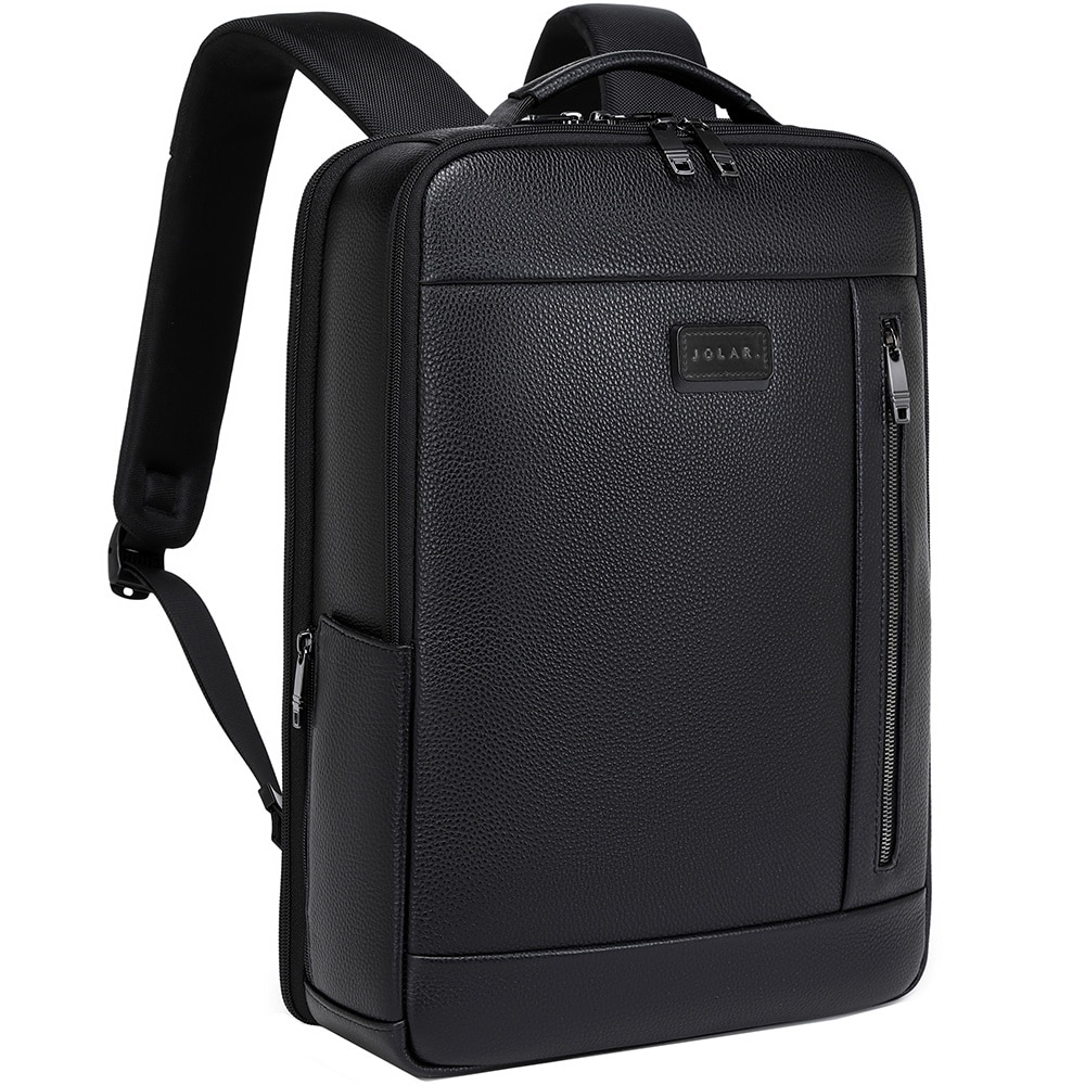 Rucsac smart pentru barbati, compartiment separat pentru laptop 15.6 inch, cu port USB TYPE-C, din piele originala este rezistent la apa, cu fixare de valiza JOLAR. GP02371BK Negru
