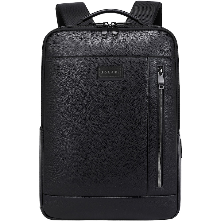 Rucsac smart pentru barbati, compartiment separat pentru laptop 15.6 inch, cu port USB TYPE-C, din piele originala este rezistent la apa, cu fixare de valiza JOLAR. GP02371BK Negru