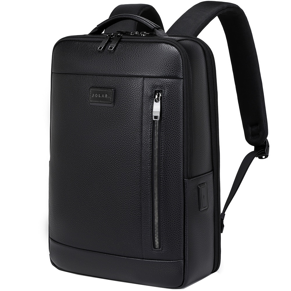 Rucsac smart pentru barbati, compartiment separat pentru laptop 15.6 inch, cu port USB TYPE-C, din piele originala este rezistent la apa, cu fixare de valiza JOLAR. GP02371BK Negru