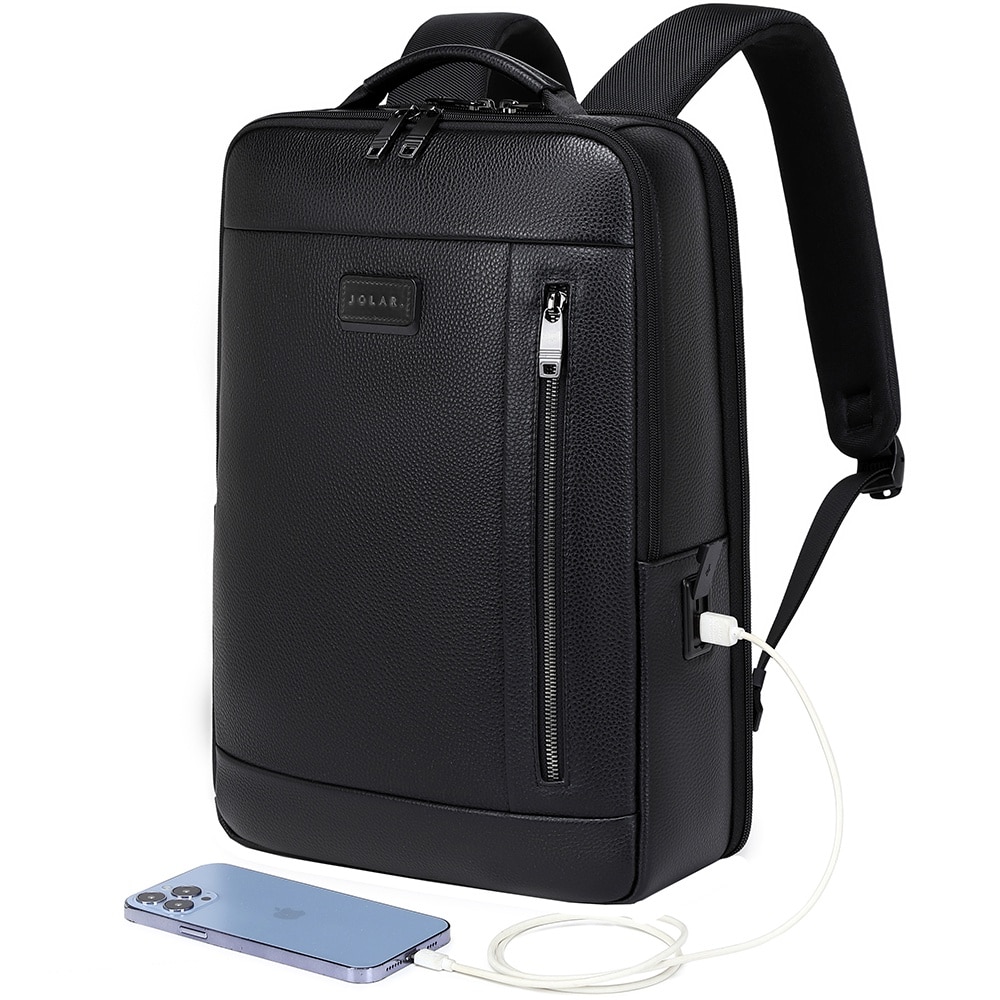 Rucsac smart pentru barbati, compartiment separat pentru laptop 15.6 inch, cu port USB TYPE-C, din piele originala este rezistent la apa, cu fixare de valiza JOLAR. GP02371BK Negru