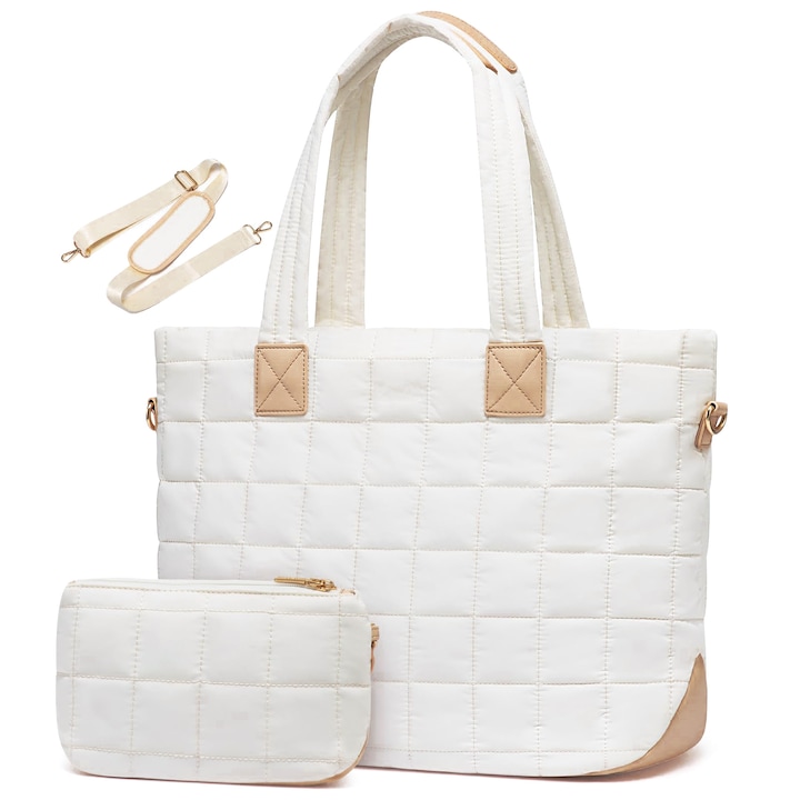 Geanta laptop pentru femei, geanta puffer mare cu fermoar, bej, 26L, 45x17.5x32cm, 9 compartimente