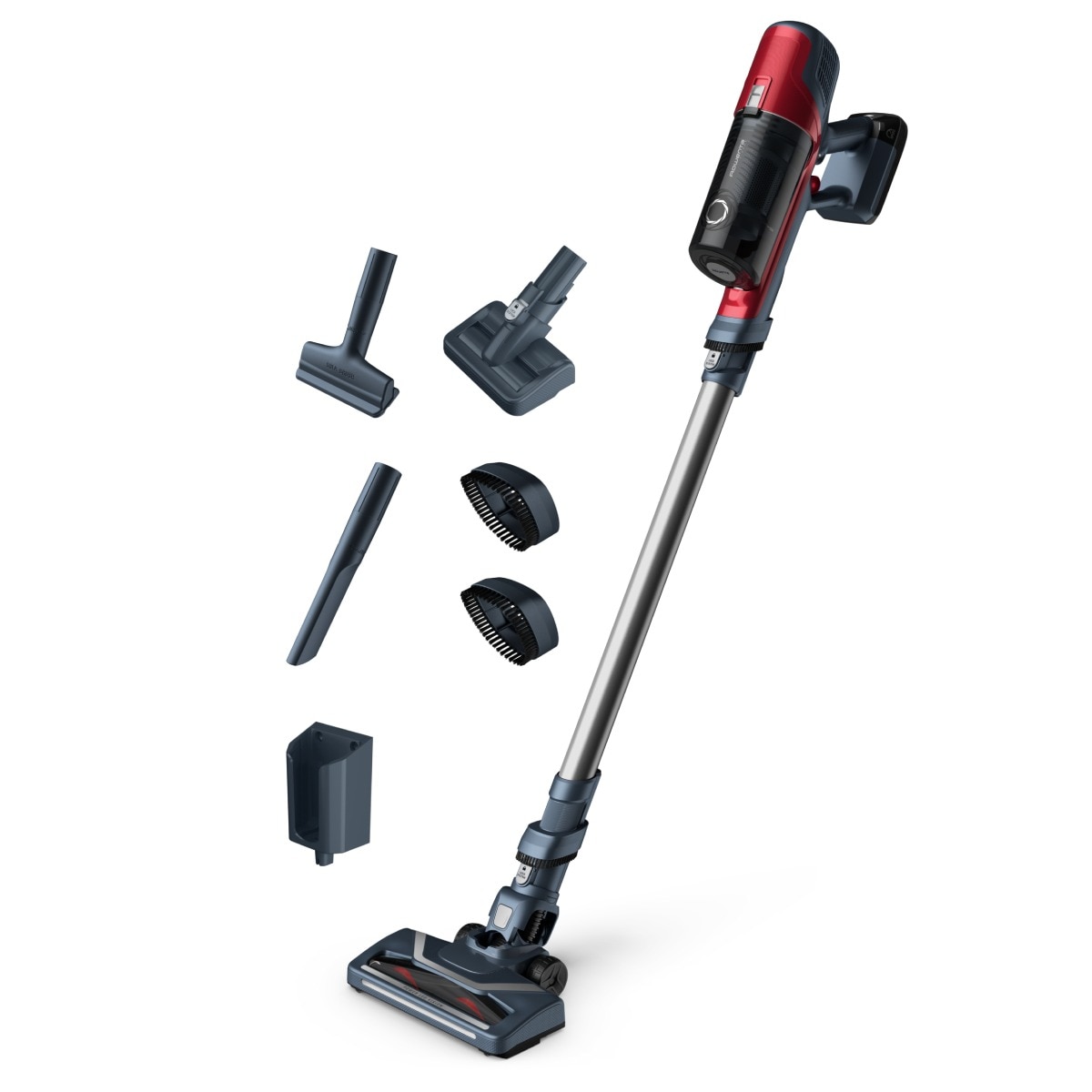 Aspirator vertical fara fir Rowenta X-Pert 6.60 Animal Care RH6877WO, 100W, 18V, autonomie 45 min, perie cu iluminare LED, recipient praf 0.55 L, accesorii animal care, functie boost, rosu & gri