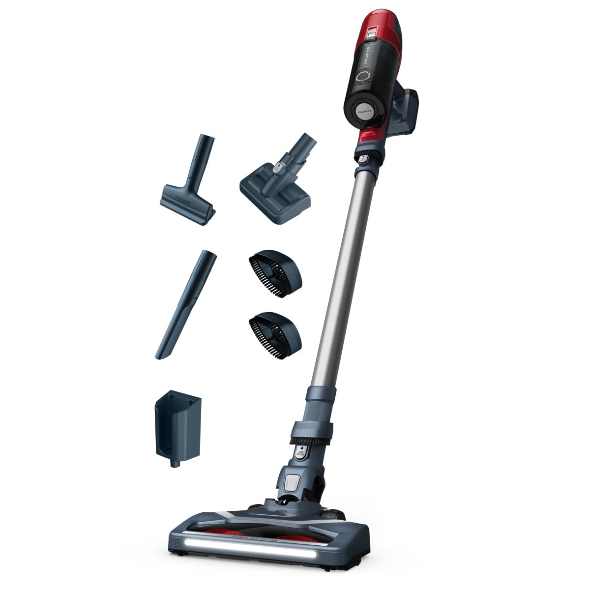 Aspirator vertical fara fir Rowenta X-Pert 6.60 Animal Care RH6877WO, 100W, 18V, autonomie 45 min, perie cu iluminare LED, recipient praf 0.55 L, accesorii animal care, functie boost, rosu & gri