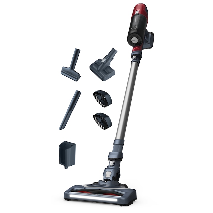 Aspirator vertical fara fir Rowenta X-Pert 6.60 Animal Care RH6877WO, 100W, 18V, autonomie 45 min, perie cu iluminare LED, recipient praf 0.55 L, accesorii animal care, functie boost, rosu & gri