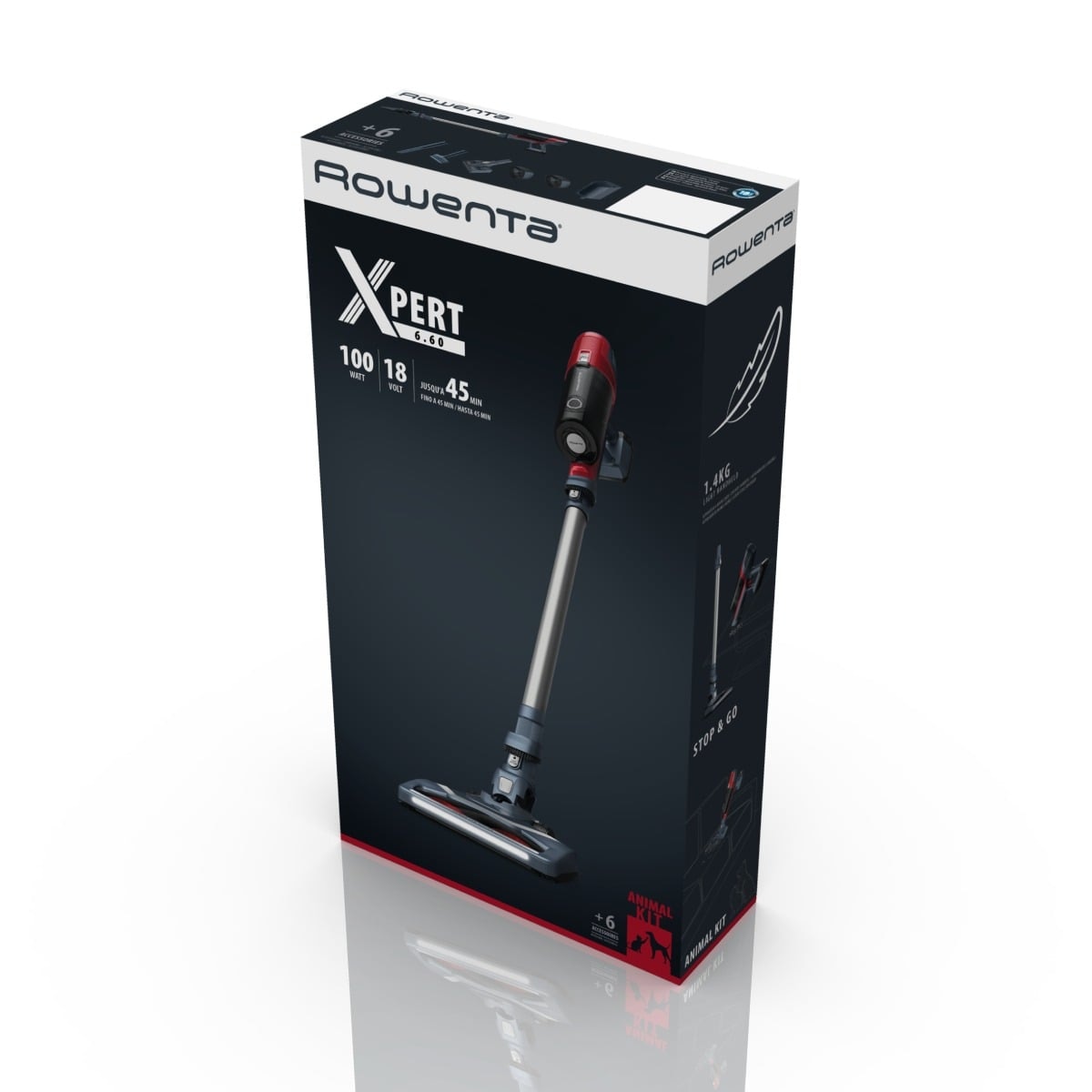 Aspirator vertical fara fir Rowenta X-Pert 6.60 Animal Care RH6877WO, 100W, 18V, autonomie 45 min, perie cu iluminare LED, recipient praf 0.55 L, accesorii animal care, functie boost, rosu & gri