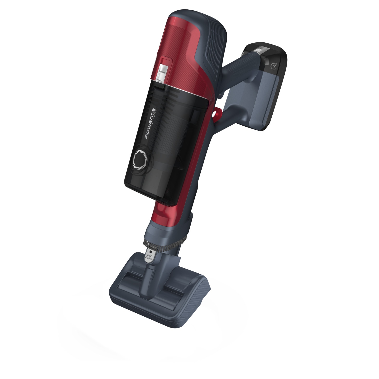 Aspirator vertical fara fir Rowenta X-Pert 6.60 Animal Care RH6877WO, 100W, 18V, autonomie 45 min, perie cu iluminare LED, recipient praf 0.55 L, accesorii animal care, functie boost, rosu & gri
