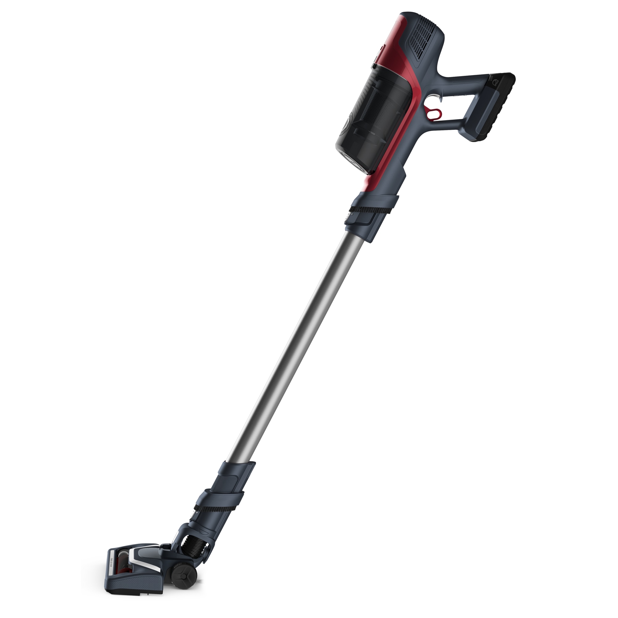 Aspirator vertical fara fir Rowenta X-Pert 6.60 Animal Care RH6877WO, 100W, 18V, autonomie 45 min, perie cu iluminare LED, recipient praf 0.55 L, accesorii animal care, functie boost, rosu & gri