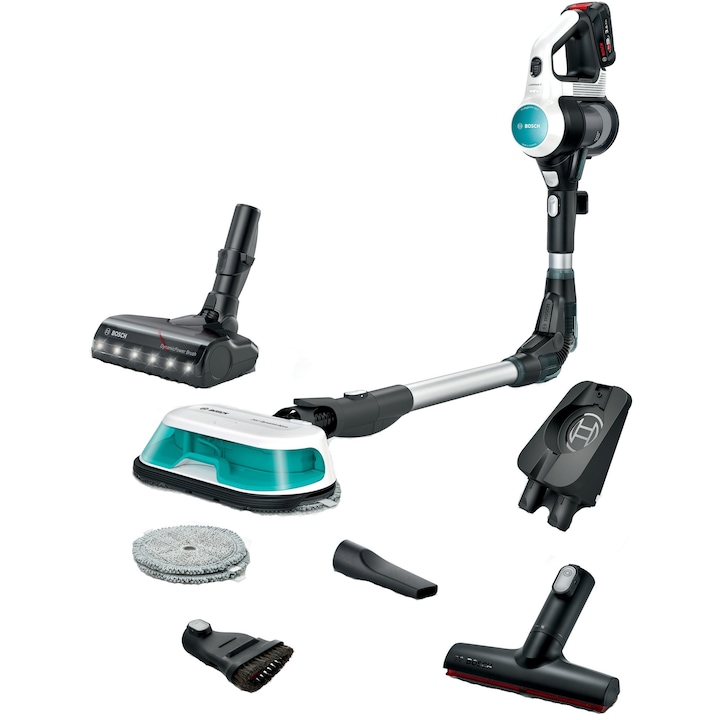 Aspirator vertical Bosch Unlimited 7 ProHygienic Aqua BCS71HYG1, baterie 3 Ah, 3 trepte de putere; Perie AllFloor DynamicPower cu LED-uri, 2in1 DynamicAqua Mop, rezervor apa pentru stergere pana la 50m2, Alb