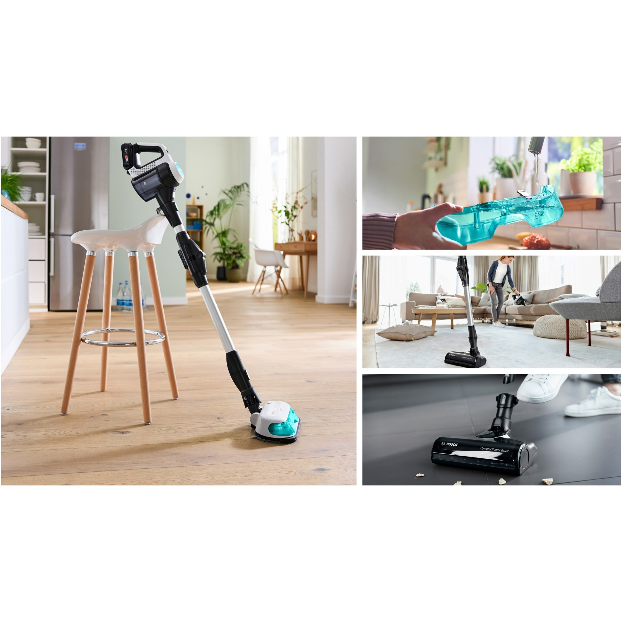 Aspirator vertical Bosch Unlimited 7 ProHygienic Aqua BCS71HYG1, baterie 3 Ah, 3 trepte de putere; Perie AllFloor DynamicPower cu LED-uri, 2in1 DynamicAqua Mop, rezervor apa pentru stergere pana la 50m2, Alb