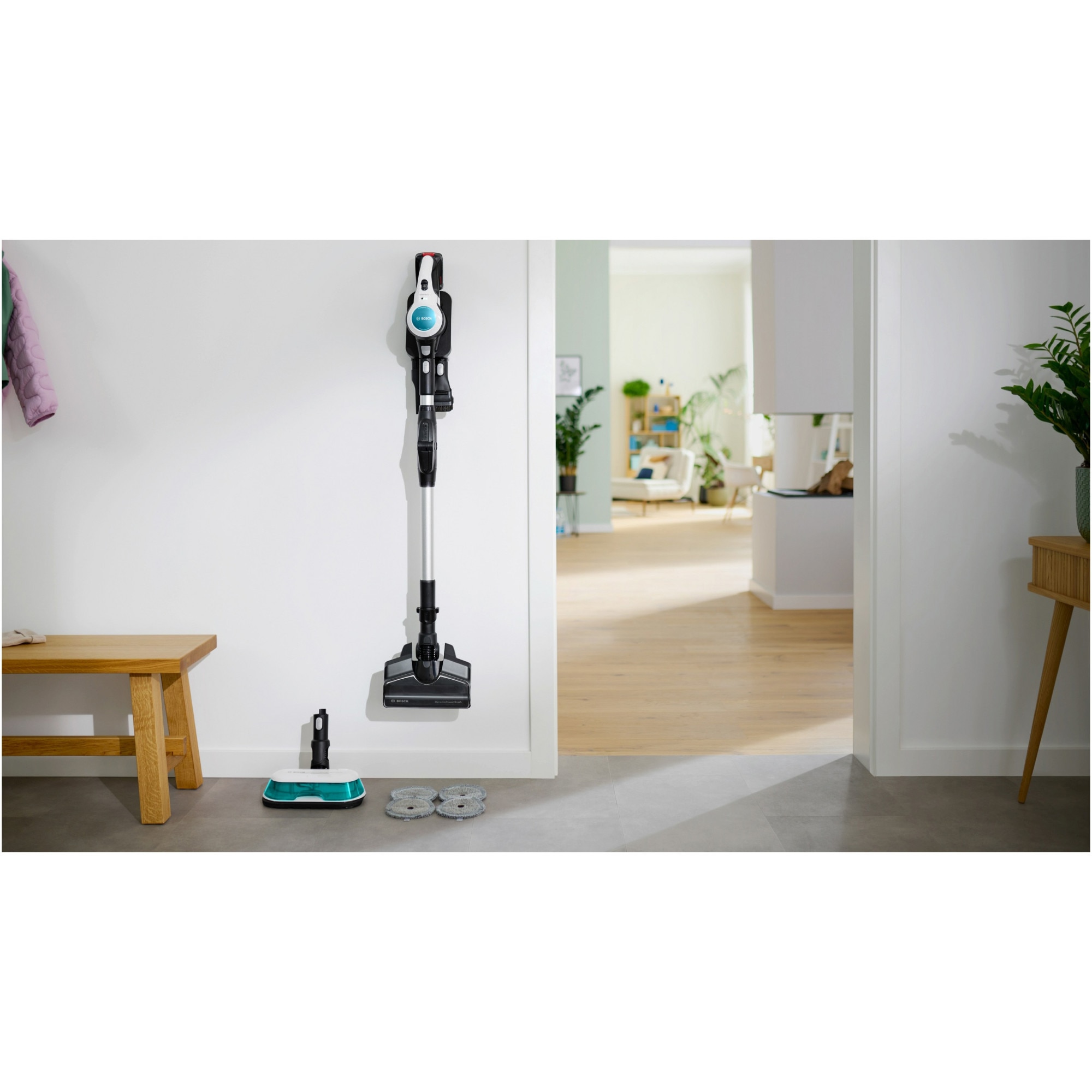 Aspirator vertical Bosch Unlimited 7 ProHygienic Aqua BCS71HYG1, baterie 3 Ah, 3 trepte de putere; Perie AllFloor DynamicPower cu LED-uri, 2in1 DynamicAqua Mop, rezervor apa pentru stergere pana la 50m2, Alb