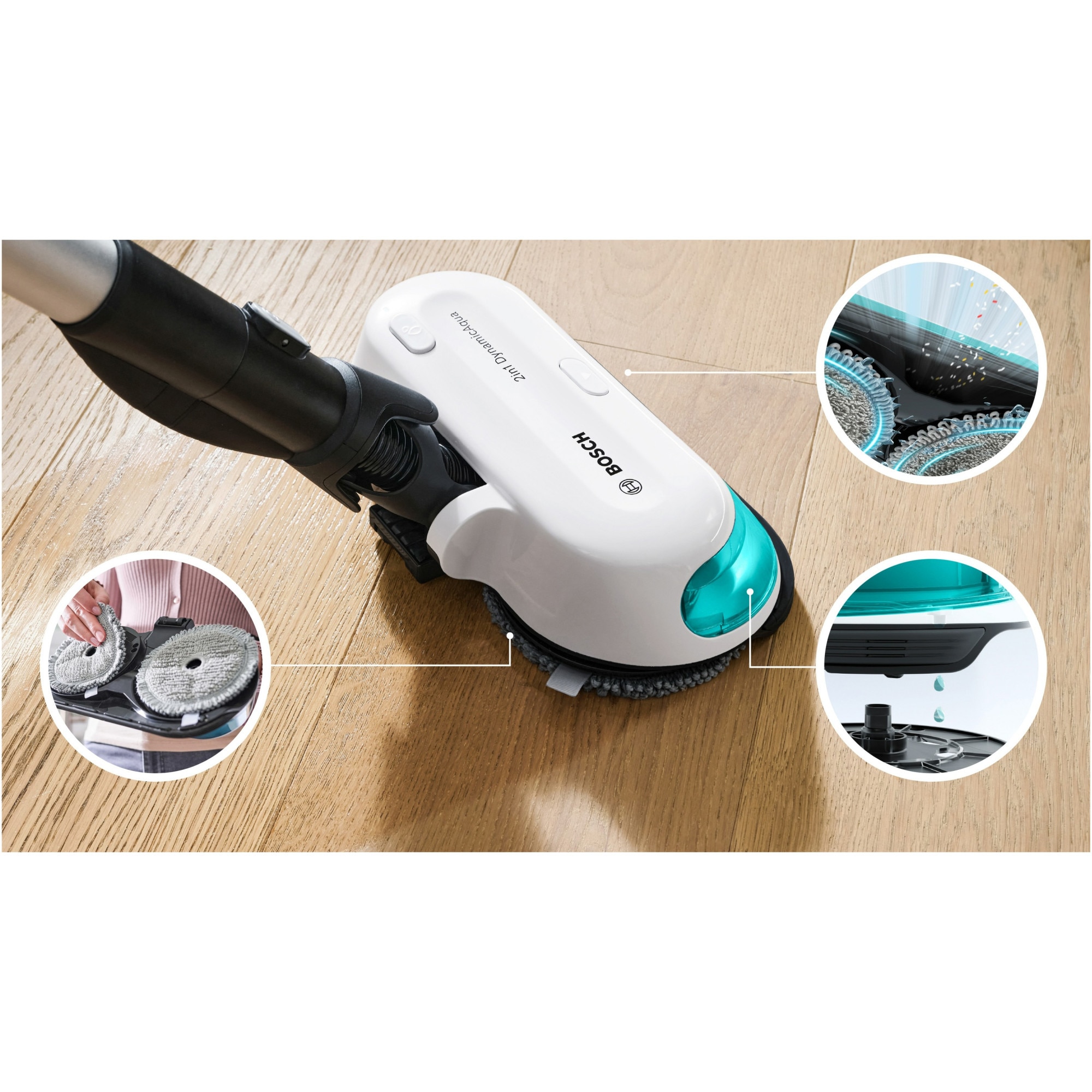 Aspirator vertical Bosch Unlimited 7 ProHygienic Aqua BCS71HYG1, baterie 3 Ah, 3 trepte de putere; Perie AllFloor DynamicPower cu LED-uri, 2in1 DynamicAqua Mop, rezervor apa pentru stergere pana la 50m2, Alb