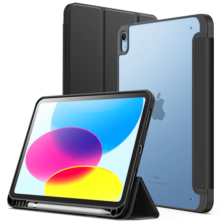 Husa tableta JETech pentru iPad 10, 10,9 inch, neagra, cu suport pentru creion, slim, cu inchidere magnetica