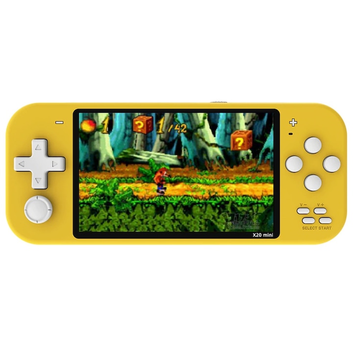 Consola de jocuri portabila, STELS, X20 Mini, Tehnologie inteligenta, Ecran color de 4.3 inchi, 10.000 de jocuri, Galben