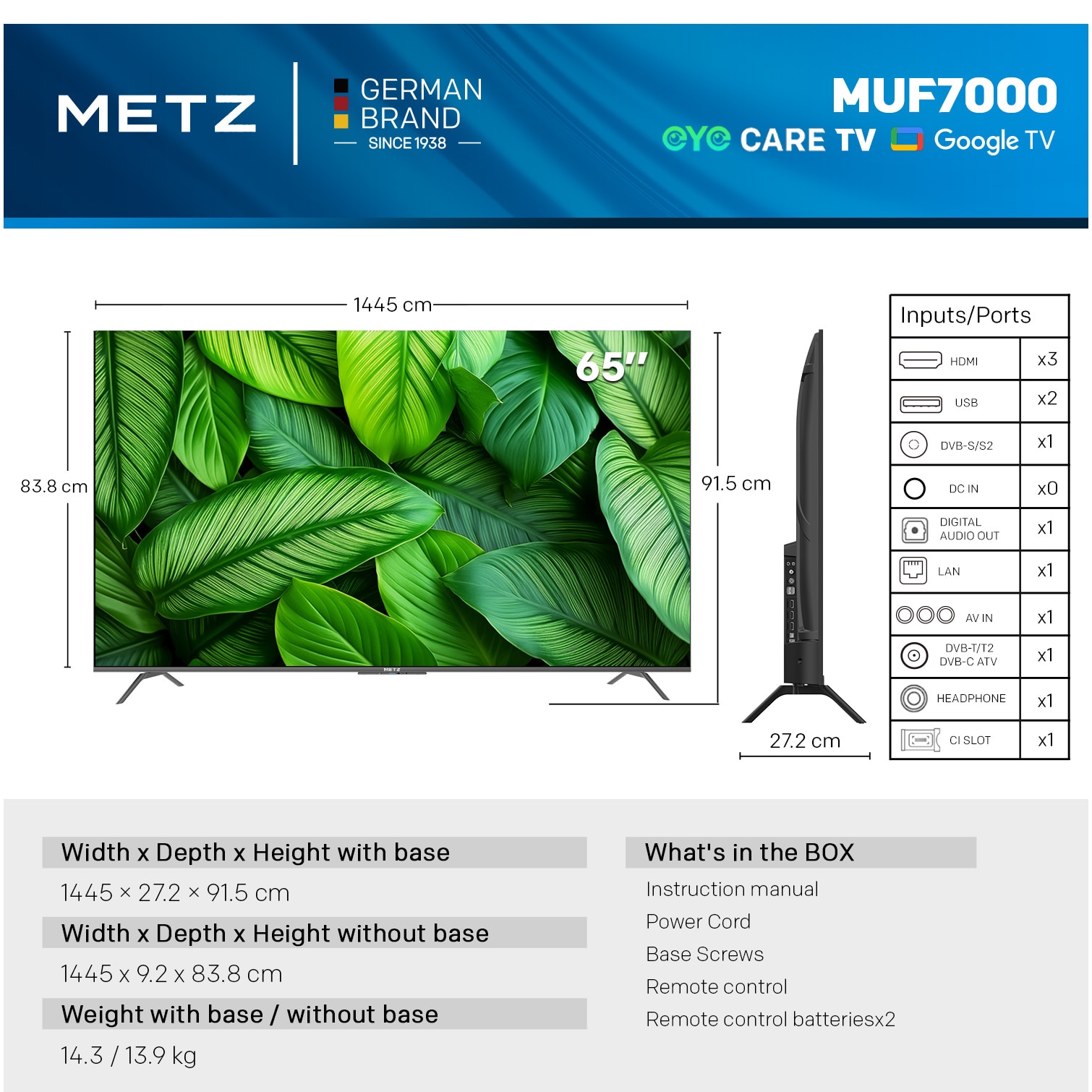 Televizor METZ LED 65MUF7000Z, 164 cm, Smart Google TV, 4K Ultra HD, Clasa F (Model 2025)