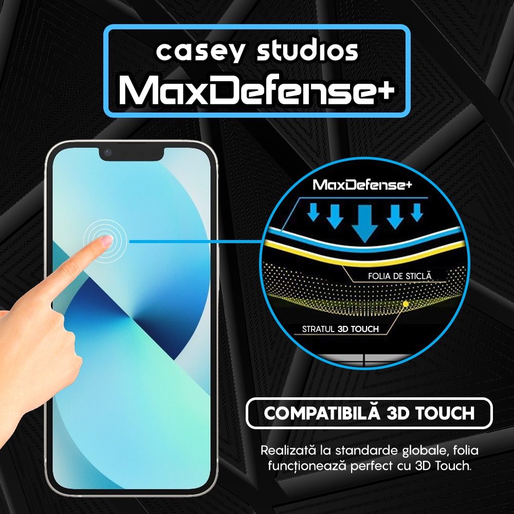 Folie Sticla CASEY STUDIOS™ compatibila cu iPhone 13 Mini, MaxDefense+, Anti Zgarieturi, Full Glue, Full Cover 3D, Protectie Ecran 3D, Duritate Ridicata, Margini Negre
