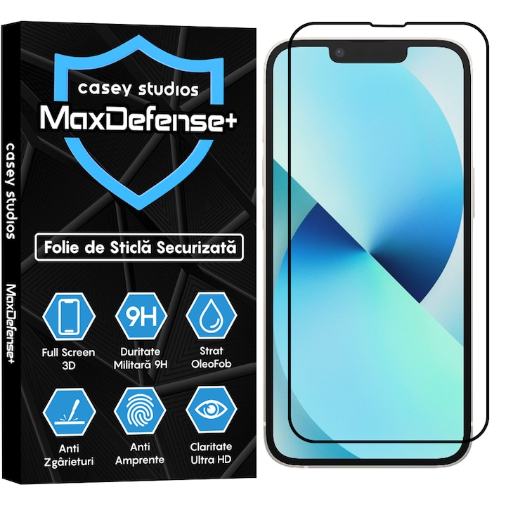Folie Sticla CASEY STUDIOS™ compatibila cu iPhone 13 Mini, MaxDefense+, Anti Zgarieturi, Full Glue, Full Cover 3D, Protectie Ecran 3D, Duritate Ridicata, Margini Negre
