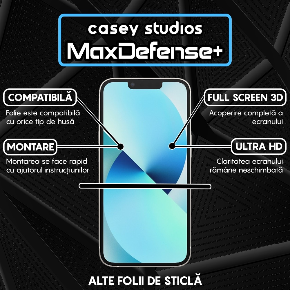Folie Sticla CASEY STUDIOS™ compatibila cu iPhone 13 Mini, MaxDefense+, Anti Zgarieturi, Full Glue, Full Cover 3D, Protectie Ecran 3D, Duritate Ridicata, Margini Negre