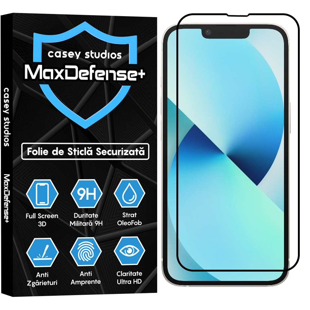 Folie Sticla CASEY STUDIOS™ compatibila cu iPhone 13 Mini, MaxDefense+, Anti Zgarieturi, Full Glue, Full Cover 3D, Protectie Ecran 3D, Duritate Ridicata, Margini Negre
