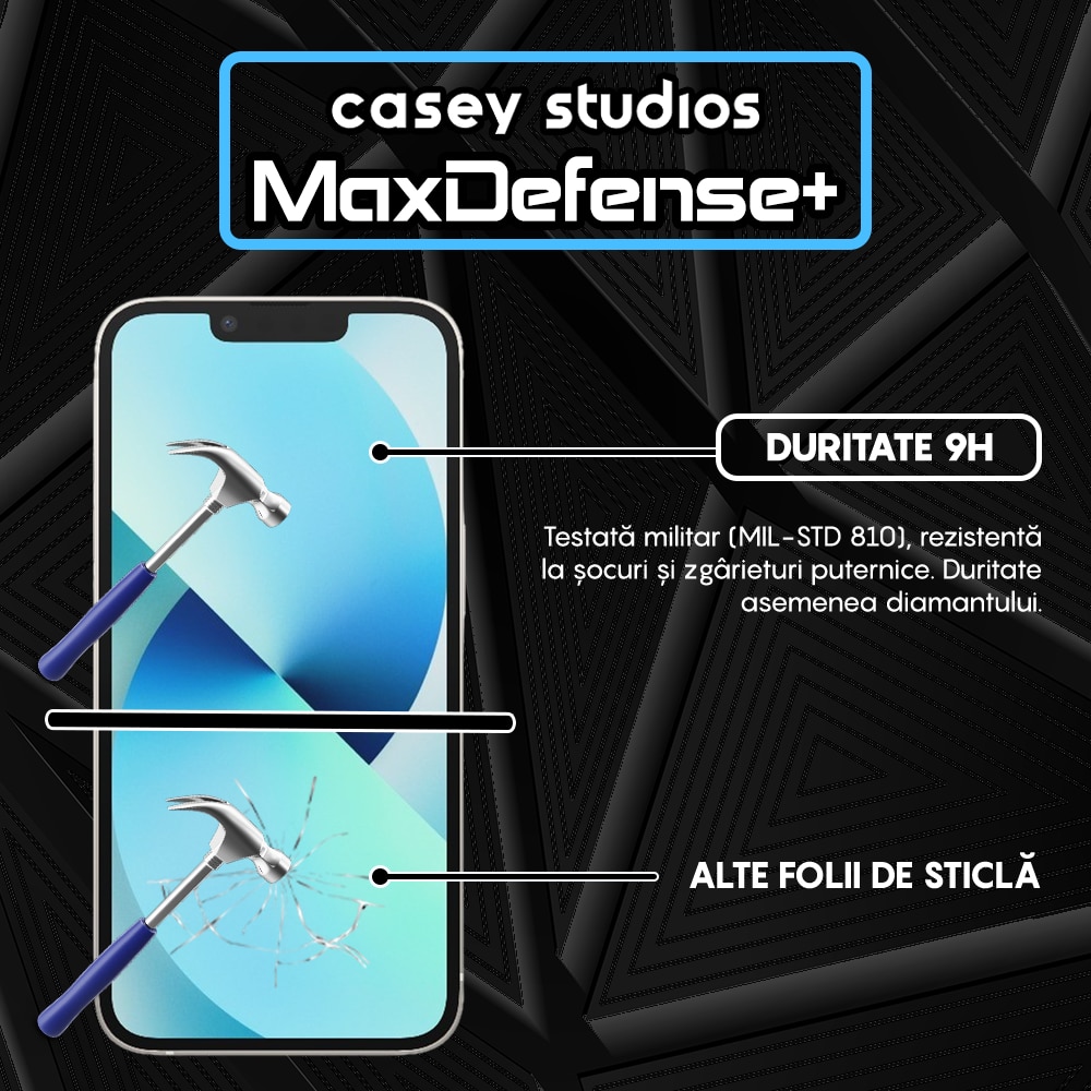 Folie Sticla CASEY STUDIOS™ compatibila cu iPhone 13 Mini, MaxDefense+, Anti Zgarieturi, Full Glue, Full Cover 3D, Protectie Ecran 3D, Duritate Ridicata, Margini Negre