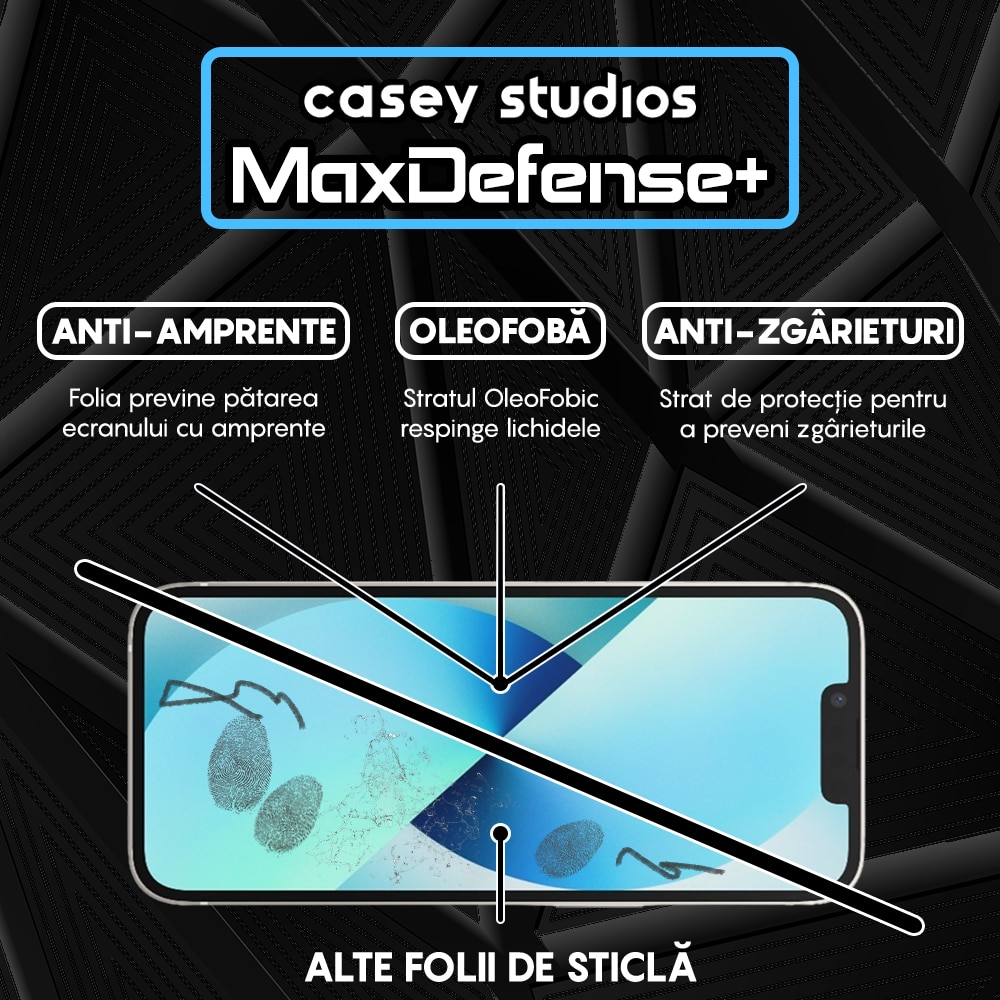 Folie Sticla CASEY STUDIOS™ compatibila cu iPhone 13 Mini, MaxDefense+, Anti Zgarieturi, Full Glue, Full Cover 3D, Protectie Ecran 3D, Duritate Ridicata, Margini Negre