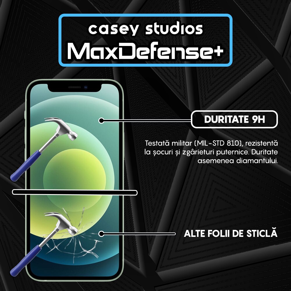 Folie Sticla Mata CASEY STUDIOS™ compatibila cu iPhone 12 Mini, MaxDefense+ Matte, Full Cover 3D, Full Glue, Sticla Securizata, Duritate Militara, Ultra HD, Protectie Profesionala Ecran 3D, Anti Zgarieturi, Anti Socuri, Negru