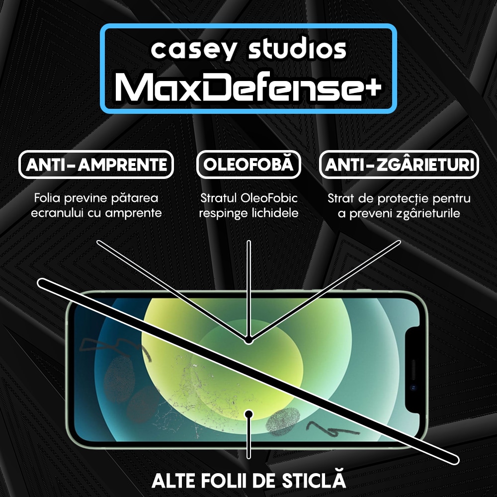 Folie Sticla Mata CASEY STUDIOS™ compatibila cu iPhone 12 Mini, MaxDefense+ Matte, Full Cover 3D, Full Glue, Sticla Securizata, Duritate Militara, Ultra HD, Protectie Profesionala Ecran 3D, Anti Zgarieturi, Anti Socuri, Negru
